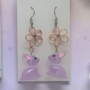 🐰 Easter Bunny Earrings Lavender with Rose Gold Flowers Spring Jewelry 🩷